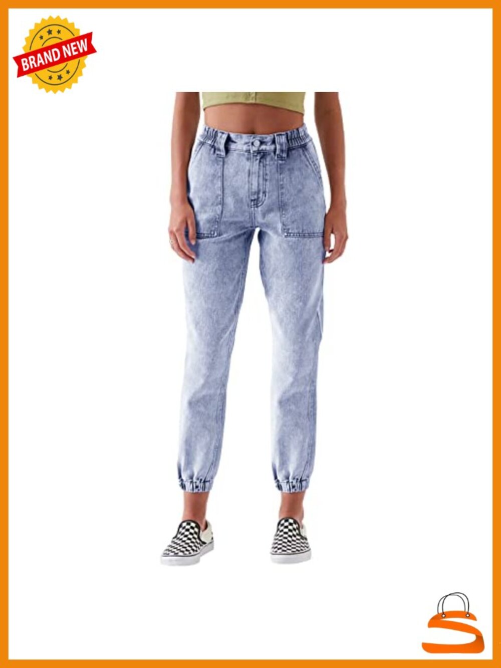 High Waisted Drawstring Elastic Waist Stretch Denim Jogger Pants